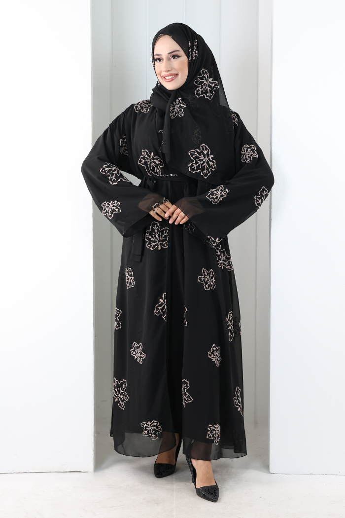Nakışlı Şifon Şallı Abaya 2006 Siyah-Gold - 2