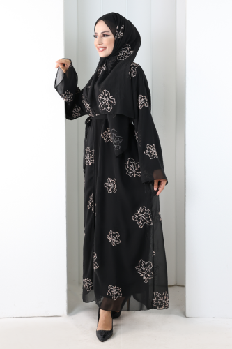 Nakışlı Şifon Şallı Abaya 2006 Siyah-Gold - 3