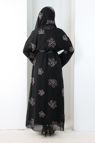 Nakışlı Şifon Şallı Abaya 2006 Siyah-Gold - 4