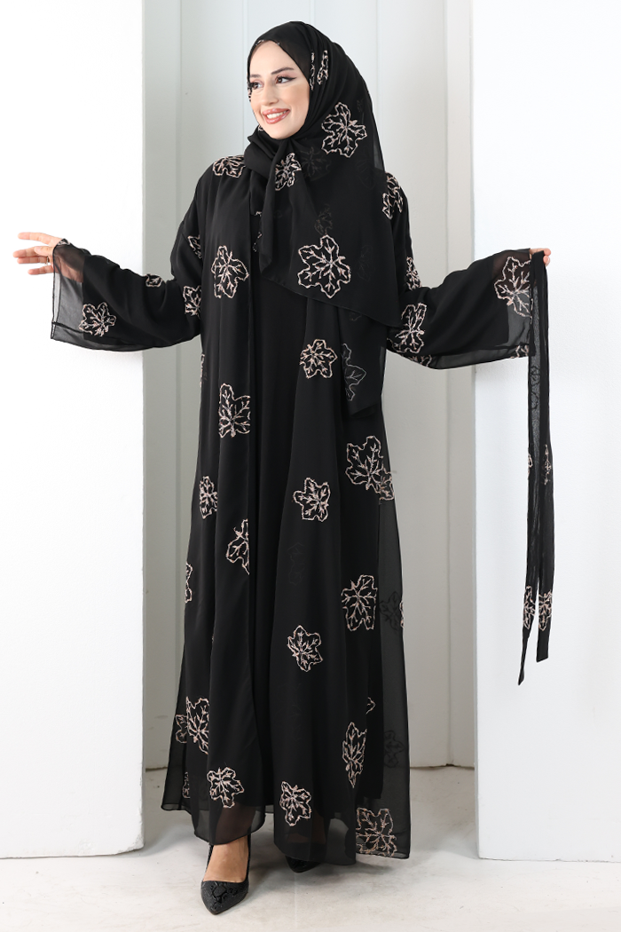 Nakışlı Şifon Şallı Abaya 2006 Siyah-Gold - 5