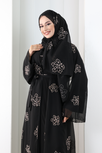 Nakışlı Şifon Şallı Abaya 2006 Siyah-Gold - 6