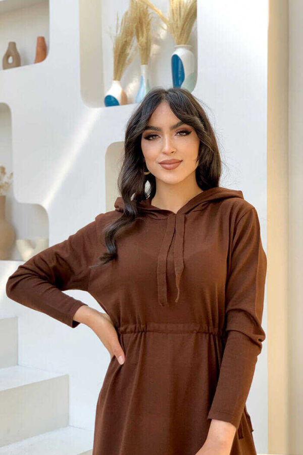 Boyun Kısmı Bağcık Detay Bel Kısmı Sıkma Detaylı Kapşonlu Triko Elbise 20109 Kahverengi - 4
