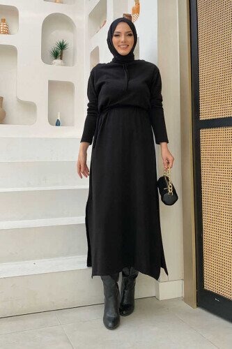 Boyun Kısmı Bağcık Detay Bel Kısmı Sıkma Detaylı Kapşonlu Triko Elbise 20109 Siyah 