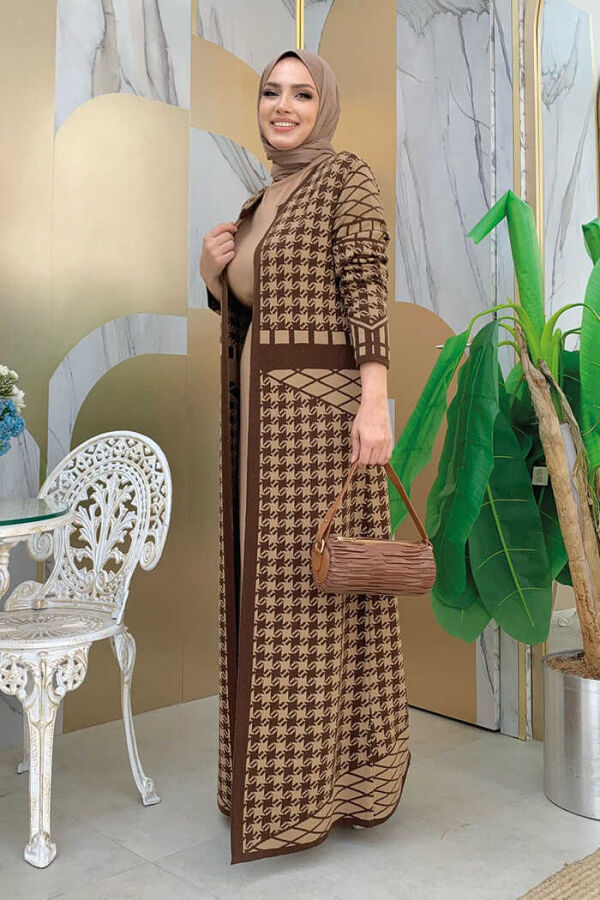 Düğmesiz Desenli Triko Hırka 20143 Kahverengi - 3