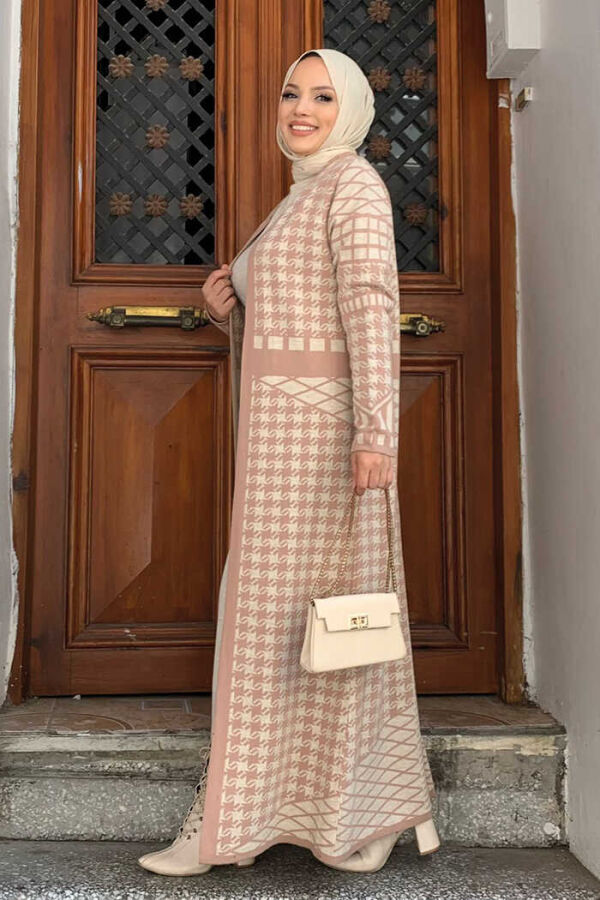 Düğmesiz Desenli Triko Hırka 20143 Pudra - 3