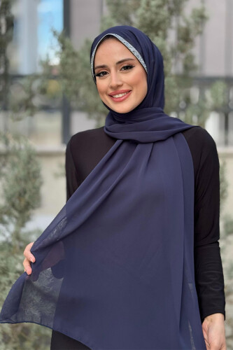 Taş Detaylı Şifon Şal 2026 Lacivert - Bym Fashion