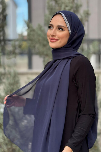 Taş Detaylı Şifon Şal 2026 Lacivert - 2