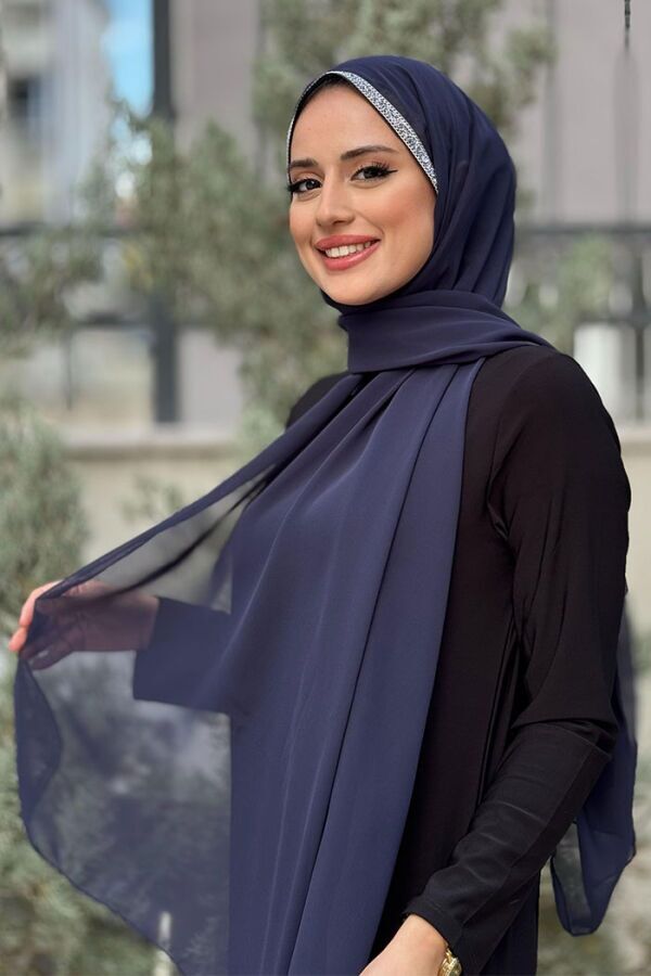 Taş Detaylı Şifon Şal 2026 Lacivert - 3