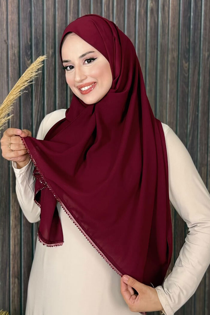 2029 Taşlı Şal Bordo - 1