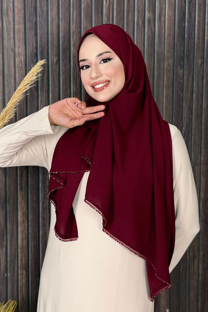 2029 Taşlı Şal Bordo - 3