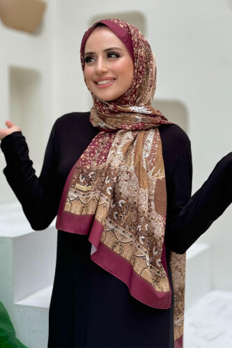 Desenli Pamuk Şal 2065 Bordo - Bym Fashion