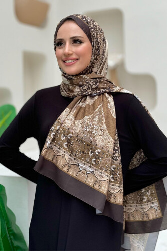 Desenli Pamuk Şal 2065 Kahverengi - Bym Fashion