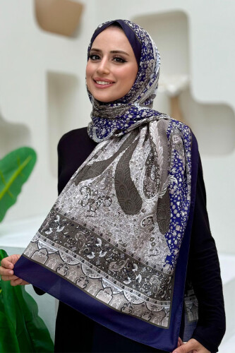 Desenli Pamuk Şal 2065 Lacivert - Bym Fashion
