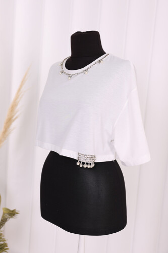 20724  Taşlı crop Tshirt Beyaz - 2