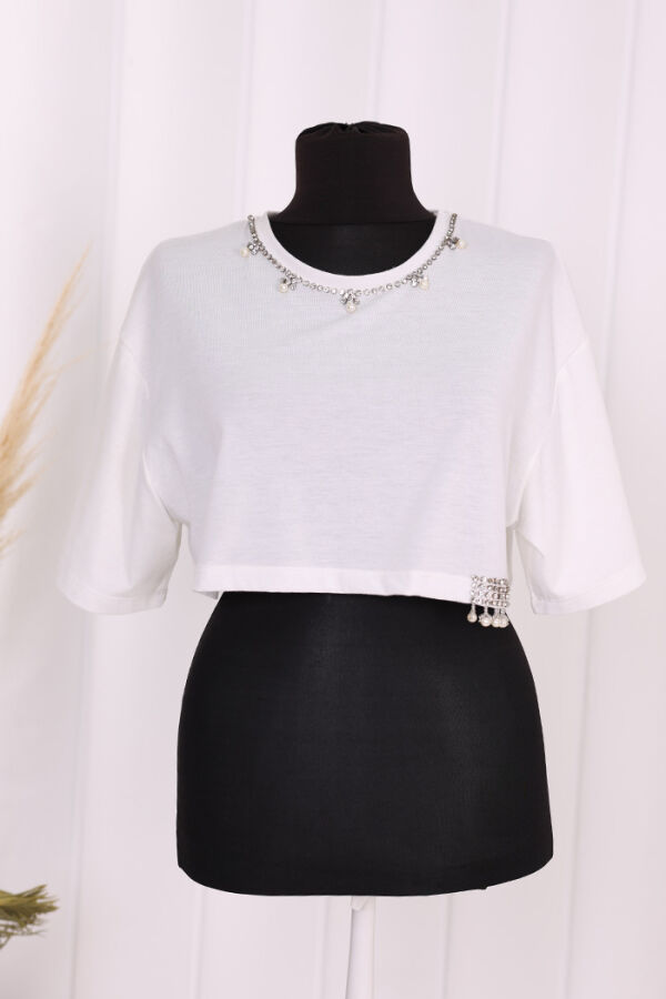 20724  Taşlı crop Tshirt Beyaz - 1