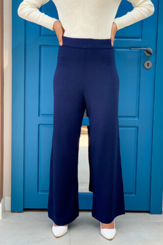 Beli Lastikli Kendinden Desenli Triko Pantolon 22214 Lacivert - Bym Fashion