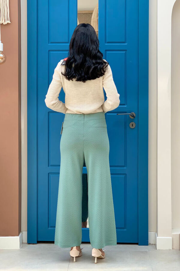 Beli Lastikli Kendinden Desenli Triko Pantolon 22214 Mint - 4