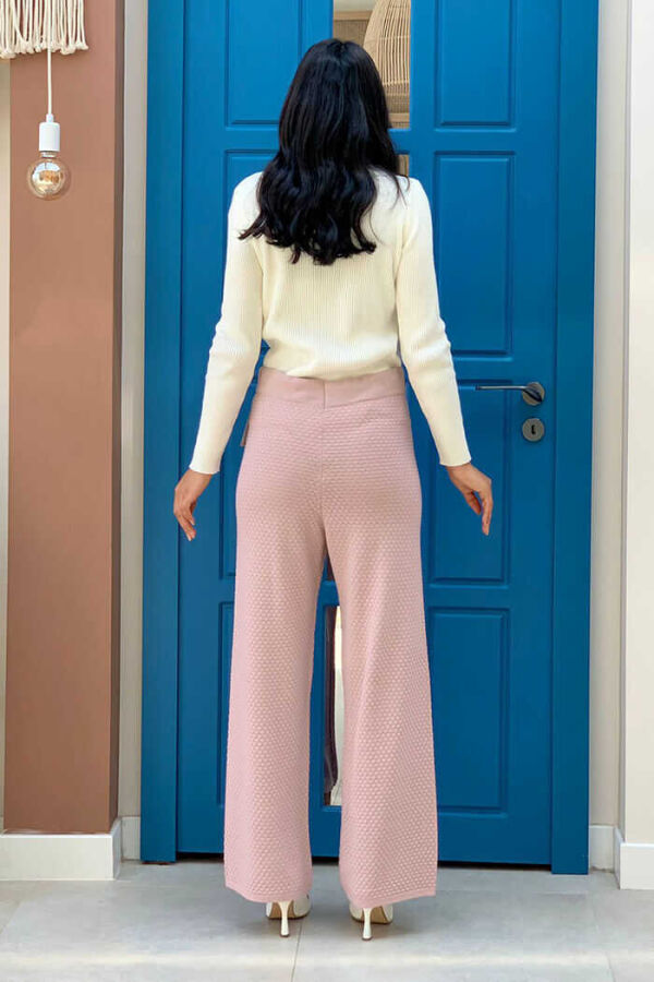 Beli Lastikli Kendinden Desenli Triko Pantolon 22214 Pudra - 3