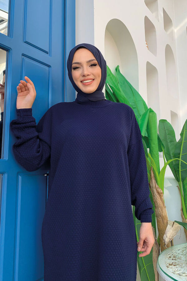 Kol Manşetleri Lastikli Yarım Boğazlı Triko Tunik 22215 Lacivert - 8