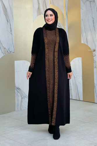 Belli Kısımları Simli Tam Boy Elbise Hırka 2'li Triko Takım 22223 Gold-Siyah - Bym Fashion