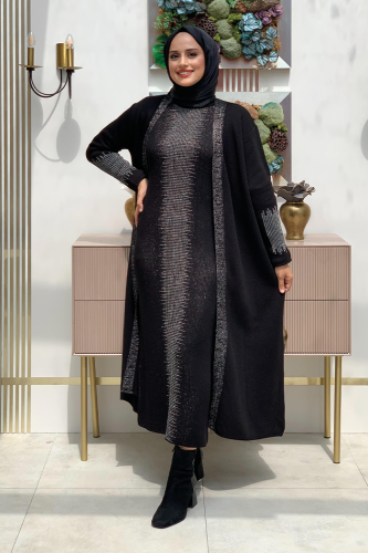 Belli Kısımları Simli Tam Boy Elbise Hırka 2'li Triko Takım 22223 Siyah - Bym Fashion