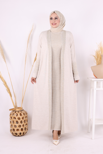 Belli Kısımları Simli Tam Boy Elbise Hırka 2'li Triko Takım 22223 Taş - Bym Fashion
