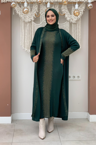 Belli Kısımları Simli Tam Boy Elbise Hırka 2'li Triko Takım 22223 Zümrüt - Bym Fashion