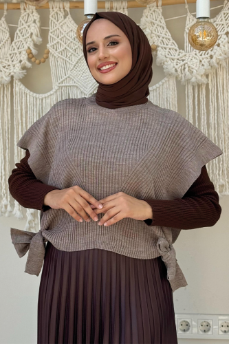 Yan Kısımları Bağlama Detaylı Kolsuz Triko Kazak 22237 Vizon - Bym Fashion