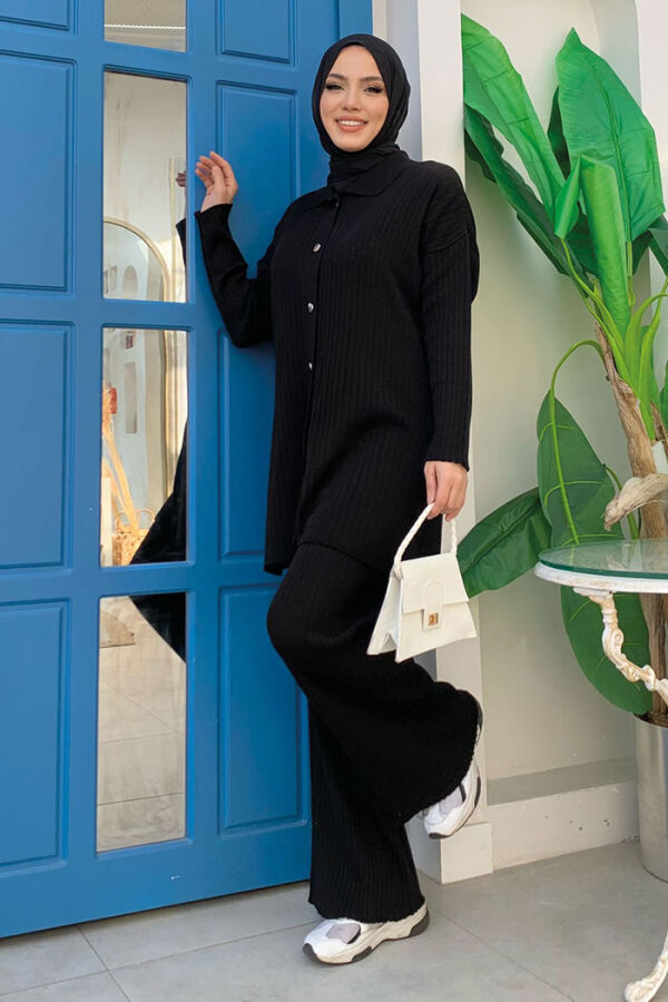 Düğmeli Tunik ve Pantolonlu Triko Takım 22245 Siyah - 6
