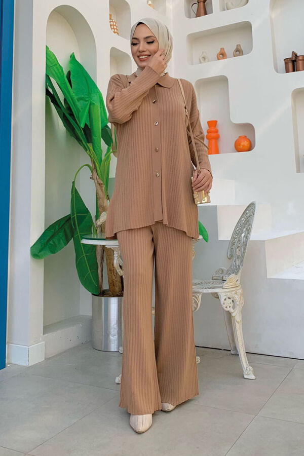 Düğmeli Tunik ve Pantolonlu Triko Takım 22245 Taba - 5