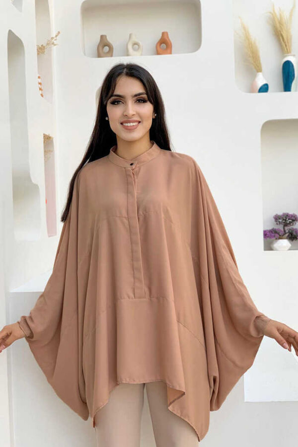 Ön Düğme Detay Yarasa Kol Şifon Tunik 2242 Vizon - 1