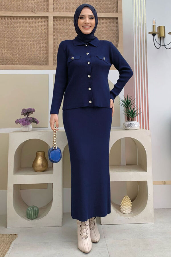 Düğme Detaylı Etekli Triko Takım 23406 Lacivert - 5