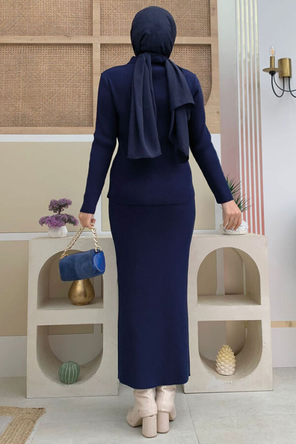 Düğme Detaylı Etekli Triko Takım 23406 Lacivert - 6