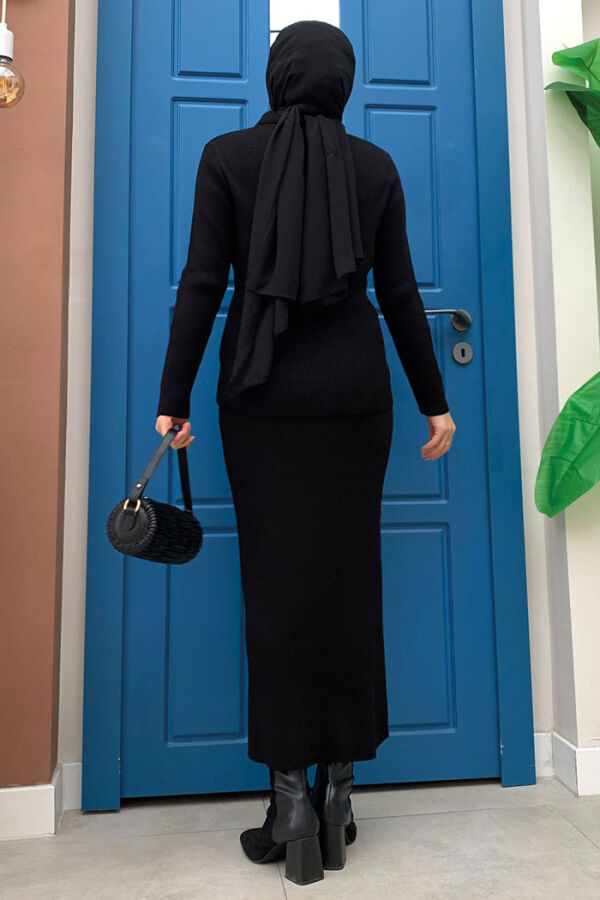 Düğme Detaylı Etekli Triko Takım 23406 Siyah - 6