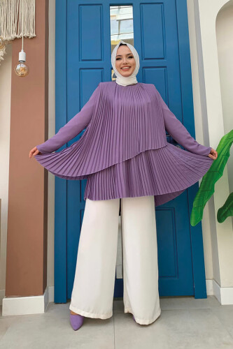 Çapraz Görünüm Pilise Detay Tunik 2363 Lila - 6