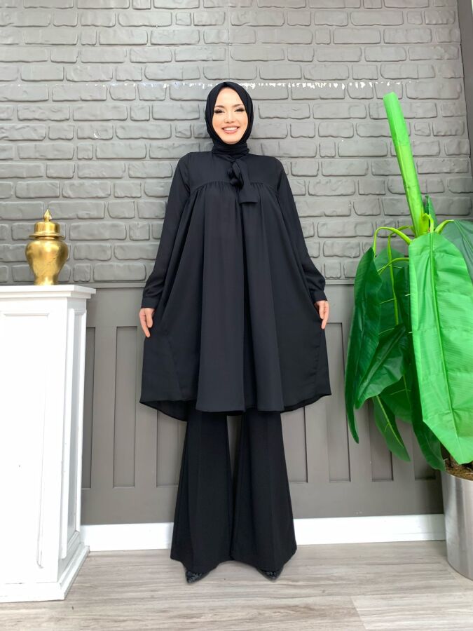 Chiffon-Tunika mit Kragendetail, taillierten Ärmeln und Bündchen, 2454, Schwarz - 5