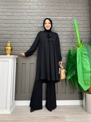 Chiffon-Tunika mit Kragendetail, taillierten Ärmeln und Bündchen, 2454, Schwarz - 6