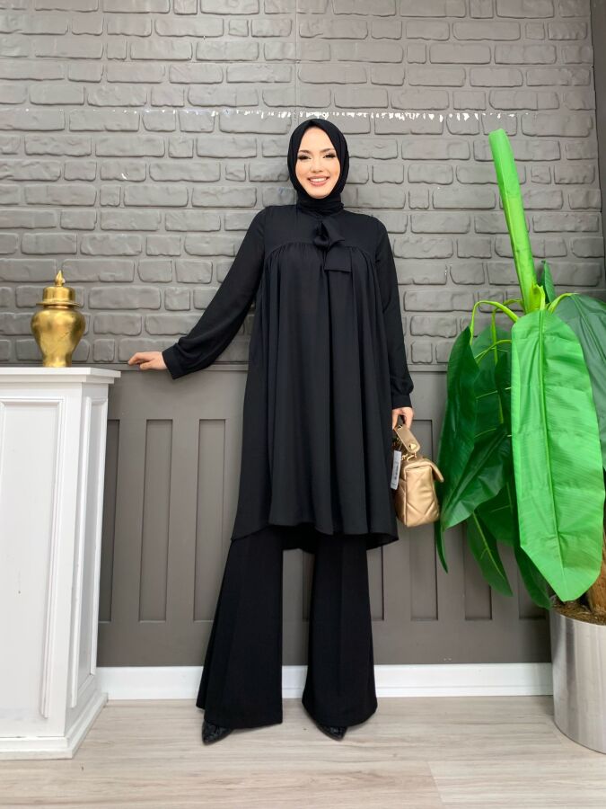 Collar Detail Tailed Sleeve Cuff Chiffon Tunic 2454 Black - 6