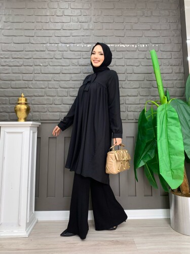 Collar Detail Tailed Sleeve Cuff Chiffon Tunic 2454 Black - 7