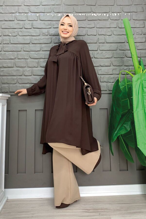 Collar Detail Tailed Sleeve Cuff Шифоновая Туника 2454 Коричневый - 2