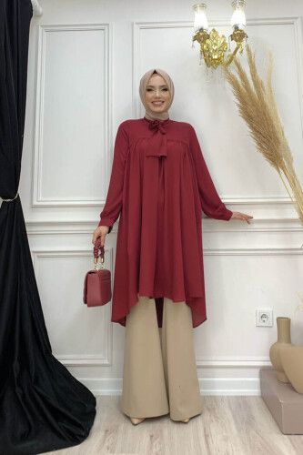 Collar Detail Tailed Sleeve Cuff Chiffon Tunic 2454 Claret Red - 5