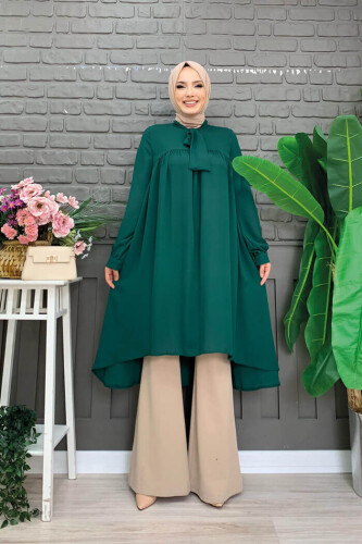 Collar Detail Tailed Sleeve Cuff Chiffon Tunic 2454 Emerald - 6