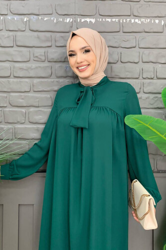 Collar Detail Tailed Sleeve Cuff Chiffon Tunic 2454 Emerald - 8