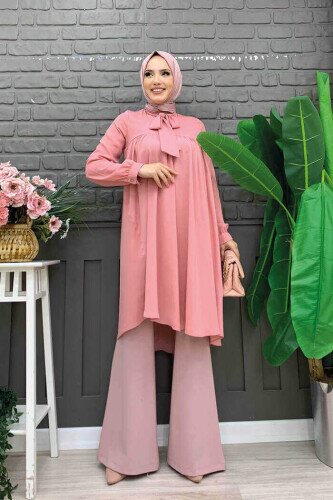 Collar Detail Tailed Sleeve Cuff Chiffon Tunic 2454 Powder 