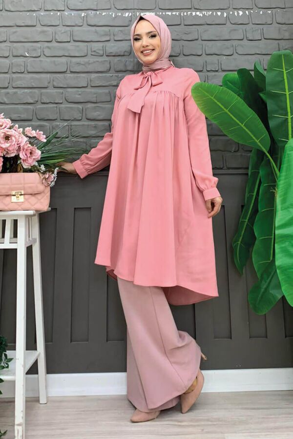 Collar Detail Tailed Sleeve Cuff Chiffon Tunic 2454 Powder - 6