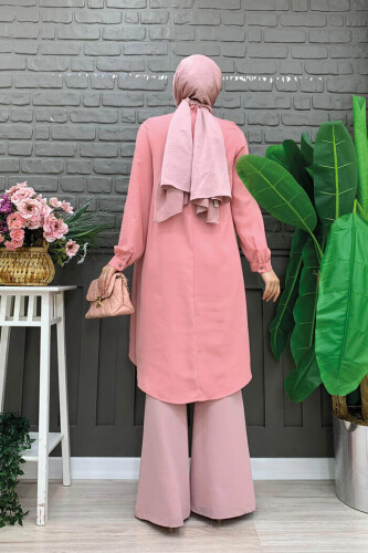 Collar Detail Tailed Sleeve Cuff Chiffon Tunic 2454 Powder - 7