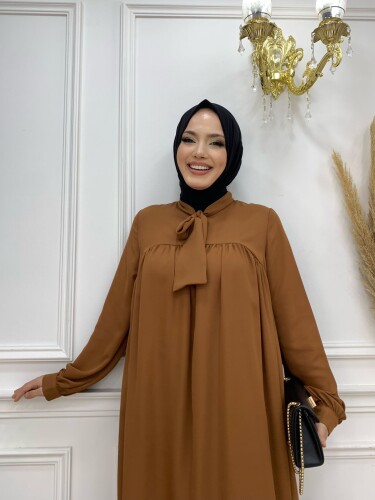 Collar Detail Tailed Sleeve Cuff Chiffon Tunic 2454 Tan - 8