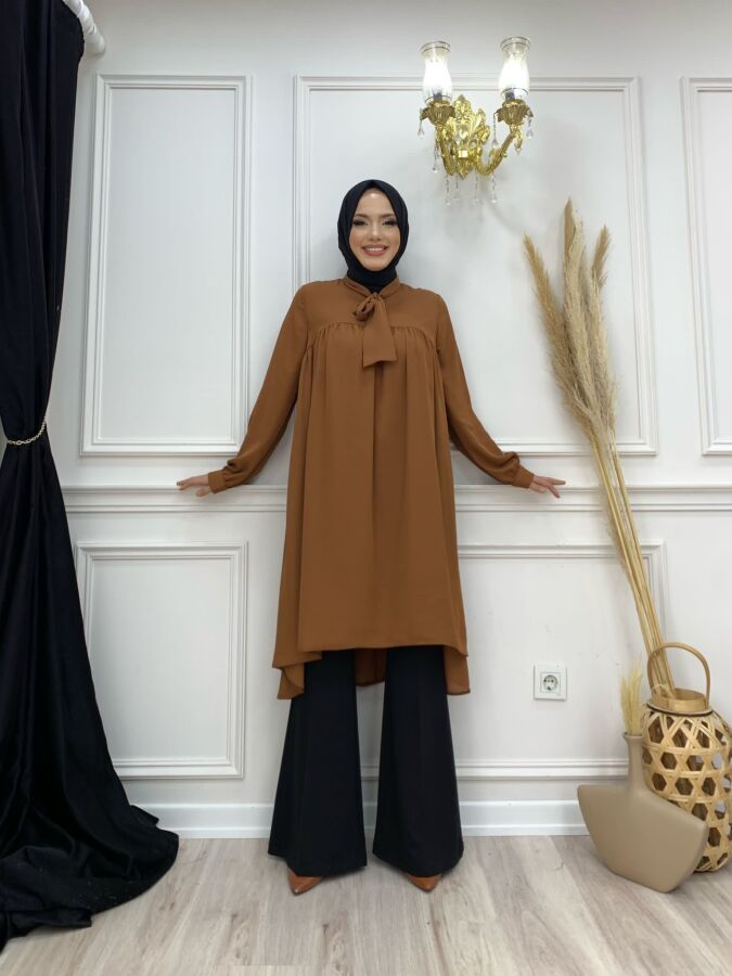 Collar Detail Tailed Sleeve Cuff Chiffon Tunic 2454 Желтовато-коричневый - 6