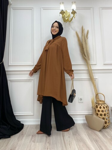 Collar Detail Tailed Sleeve Cuff Chiffon Tunic 2454 Желтовато-коричневый - 7