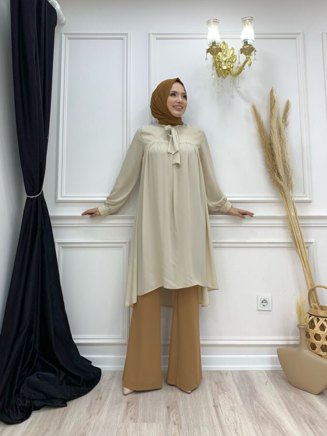 Chiffon-Tunika mit Kragendetail, taillierten Ärmeln und Manschetten 2454 Stone - 5